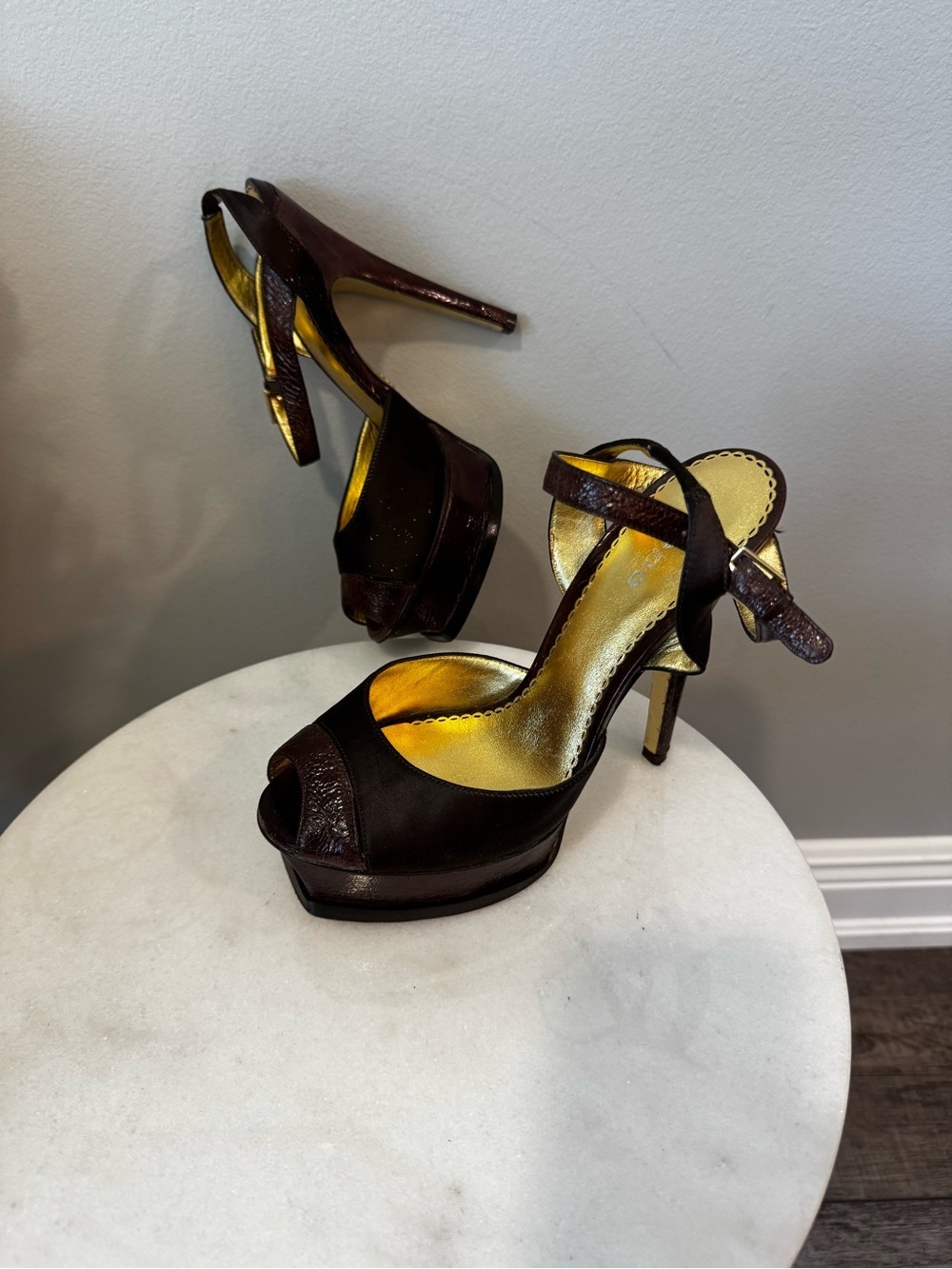 bebe Brown Peep-Toe Platform Heels with Gold Insole